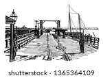 Potomac River Long Bridge across the Potomac at Washington, vintage line drawing or engraving illustration.