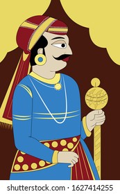 Potrait of Rajput king folk art vector illustration