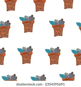 Pots with abstract flowers, seamless pattern, vector