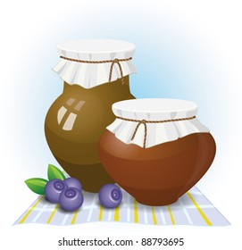 pots and blueberries composition, isolated, vector