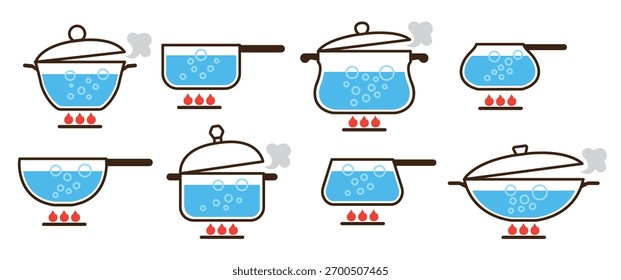 pots with boiling water icon vectors