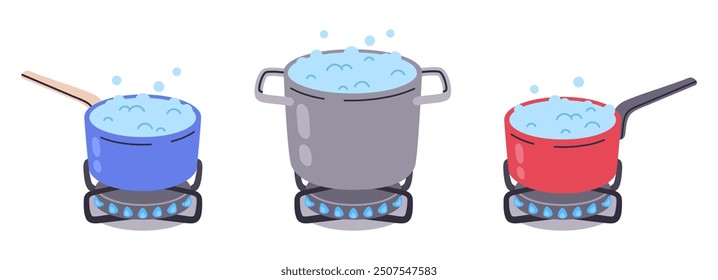 Pots of boiling water. Kitchen food preparing on gas burners, boiling water on stove flat vector illustration set. Dinner or breakfast cooking on gas stove