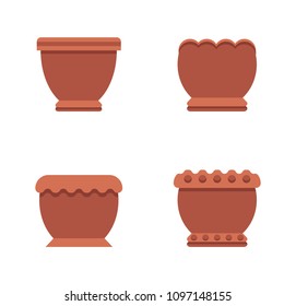 Pots of brown color collection, set vases designed for flowers and room plants, clay containers with ground vector illustration isolated on white