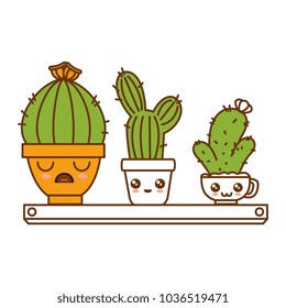 pots with desert plants in shelf kawaii character
