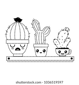 pots with desert plants in shelf kawaii character