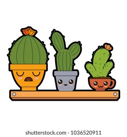 pots with desert plants in shelf kawaii character