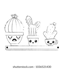 pots with desert plants in shelf kawaii character