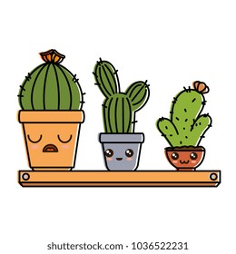 pots with desert plants in shelf kawaii character