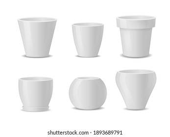 Pots of different shapes. 3D image. Set of realistic white ceramic flower pots isolated on white background. Design template for branding, mockup. Vector illustration, eps 10.