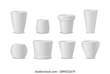 Pots of different shapes. 3D image. Set of realistic white ceramic flower pots isolated on white background. Design template for branding, mockup. Vector illustration, eps 10.