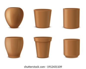Pots for flowers, houseplants different shaped ceramic templates realistic set. Flowerpots, vases, urns empty blank clay mockups. Pottery pots vector collection isolated on white background.