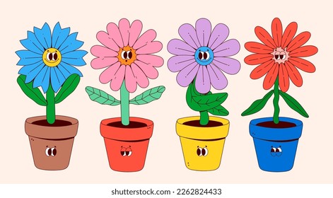 Pots with Flowers. Various shapes and colors. Abstract cartoon characters with faces. Hand drawn Vector illustration. Botanical pot, cute domestic indoor plants. Isolated elements