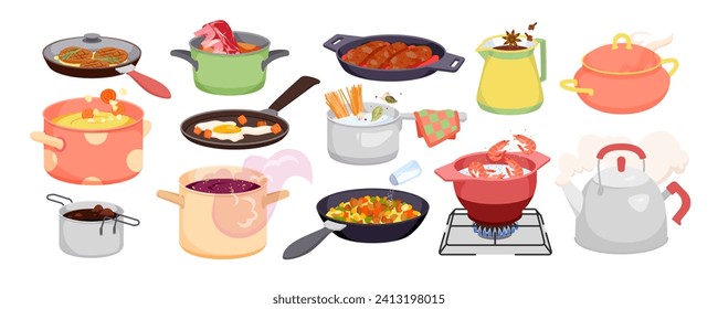 Cacerolas con alimentos y bebidas set ilustración vectorial. Caricatura de equipos de cocina aislados colección con carne y verduras de cocina, salsa con espagueti o sopa en estufa de gas, sartén frito con salchichas