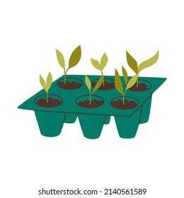 Pots for germinating microgreens and seedlings for the garden. Farmers craft. Young plants. Home gardening, growing natural and ecological products. Flat style in vector illustration.