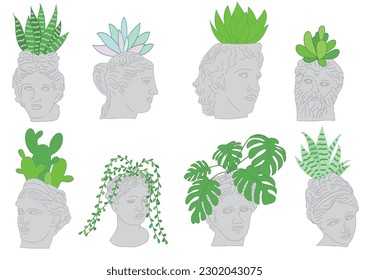 Pots with house plants in the form of busts of ancient Greek statues. Home and office interior decoration.