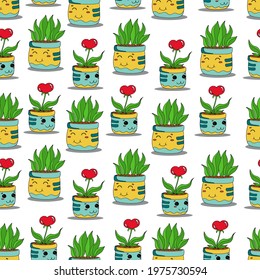 Pots with indoor plants. Cute illustration on the topic of warm relations in the family. Vector graphics. For printing on textiles, backgrounds, and wrapping paper