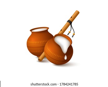 Pots with milk and bansuri isolated on white. Elements for Krishna Janmashtami. Religious Hindu holiday of Lord Krishna. Vector illustration.