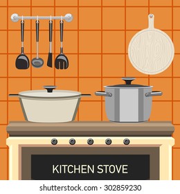 Pots on the stove. A set of kitchen tools, wall tiles and a cutting board.