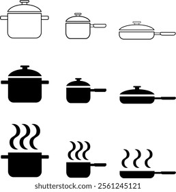 Pots and pans in Black and white. Culinary tool vector.