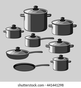 Pots and pans set. Isolated objects. Vector illustration.