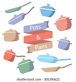 Pots and pans vector illustration. Kitchen background. Utensils icons set.