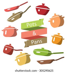 Pots and pans vector illustration. Kitchen background. Utensils icons set.