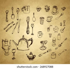 Pots and pans. Vector set in vintage style
