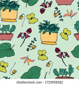 pots and plants vector repeating pattern- garden illustration- flowers and leaves background- seamless nature motifs- light blue and green