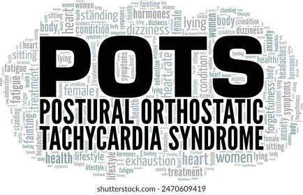 POTS Postural Orthostatische Tachykardie Syndrom Wort Wolke Konzeptentwurf isoliert auf weißem Hintergrund.