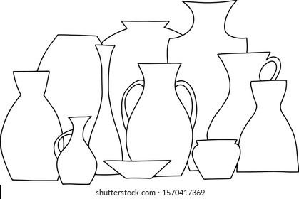 Pots still life. Hand drawn. Line art. Sketch. 