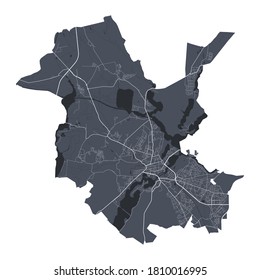 Potsdam map. Detailed vector map of Potsdam city administrative area. Cityscape poster metropolitan aria view. Dark land with white streets, roads and avenues. White background.