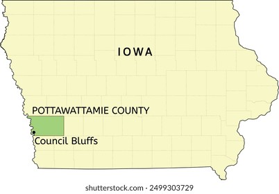 Pottawattamie County and city of Council Bluffs location on Iowa state map