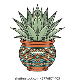 Potted agave succulent plant with sharp leaves placed inside traditional ethnic geometric ceramic planter illustration.