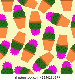 Potted blooming cactus seamless pattern - vector illustration.