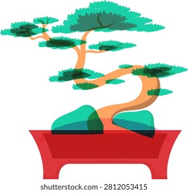 Potted bonsai tree vector with overlapping colors and grainy risograph textures on white background.
