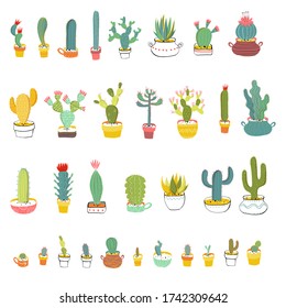 Potted Cacti illustration collection. Cartoon set isolated - pot sepparete layer. EPS10 vector file with transparancies.