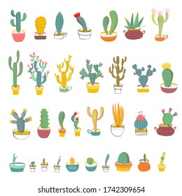 Potted Cacti illustration collection. Cartoon set isolated - pot sepparete layer. EPS10 vector file with transparancies.