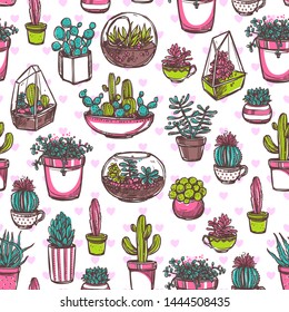 Potted cactus hand drawn vector seamless pattern. Cacti and pink hearts creative background. Succulents in florarium glass vases and cups doodles backdrop. Houseplants wrapping paper