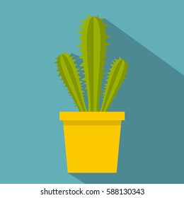 Potted cactus icon. Flat illustration of potted cactus vector icon for web isolated on baby blue background