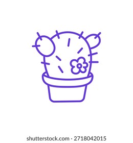 Potted Cactus Icon. Thin Line Illustration of Succulent Plant with Spines and Flower in Container, Pictogram of Houseplant Decor, Desert Flora, Botanical Minimalism and Indoor Gardening.