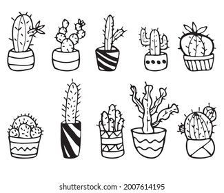Potted cactus icons set. Houseplants. Doodle style. Vector illustration. A set of cacti for postcards, websites, banners, logos.