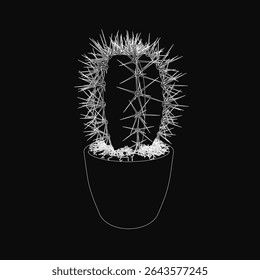 Cactos em vaso com espinhos intrincados e folhas texturizadas, desenhadas em preto e branco sobre um fundo escuro. O pote de tonalidade neutra contrasta fortemente, enfatizando a silhueta detalhada da planta.