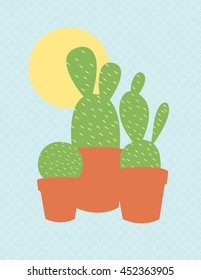 Potted cactus on blue background with sun in background
