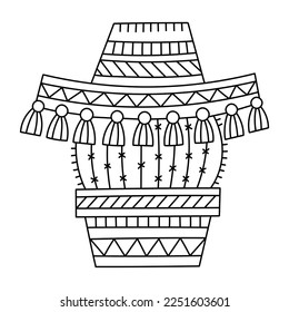 Potted cactus with ornate sombrero. Desert plant in pot. Home garden. Coloring page for kids and adults. Cartoon vector illustration. Outlined hand drawn artwork. Black and white colors. Isolated