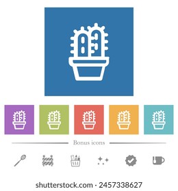 Potted cactus outline flat white icons in square backgrounds. 6 bonus icons included.