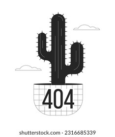 Potted cactus plant in clouds black white error 404 flash message. Wild west. Houseplant. Monochrome empty state ui design. Page not found popup cartoon image. Vector flat outline illustration concept