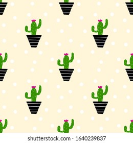 Potted cactus seamless pattern. Vector illustration.