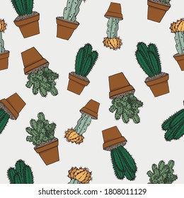 Potted cactus set. Succulent plant seamless vector pattern. Botanical doodle ornament. 
