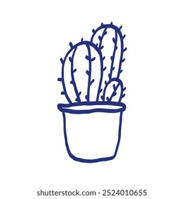 Boceto de cactus en maceta. Boceto dibujado a mano. Dibujo azul del bolígrafo o del marcador. Imagen de niños primitivos. Planta de Vector interior en una maceta