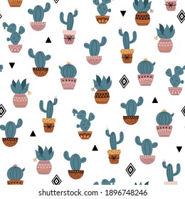 Potted cactus succulent seamless pattern on white background. Houseplant cute trendy pattern. Hand drawn vector illustration.